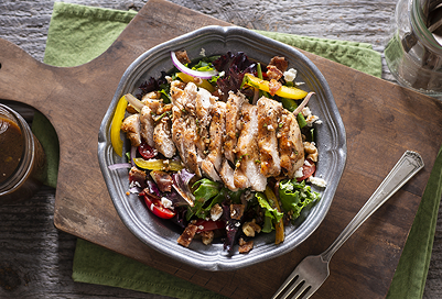 Top down view of a chicken salad bowl